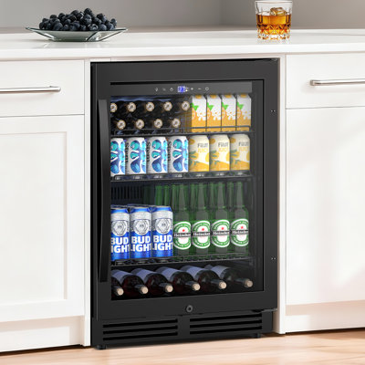 24" Built-In or Freestanding Beverage Refrigerator, 200-Can Capacity with Wire Shelves & Lock - Black | Fridge.com
