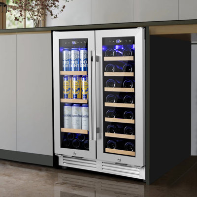 24" Dual Zone 20-Bottle 60-Can Wine & Beverage Refrigerator Built-In/Freestanding Glass Door Classic Cooler with 4 Door Handles,Blue LED and Adjustabl | Fridge.com