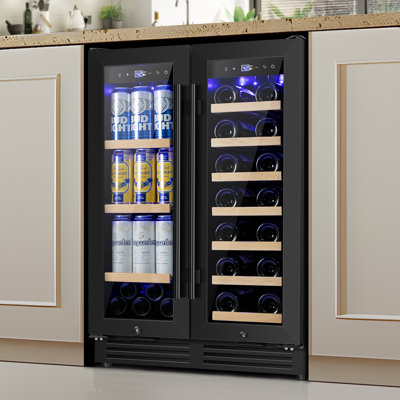 24" Dual Zone 20-Bottle 60-Can Wine & Beverage Refrigerator Built-In/Freestanding Glass Door Classic Cooler with 4 Door Handles,Blue LED and Adjustabl | Fridge.com
