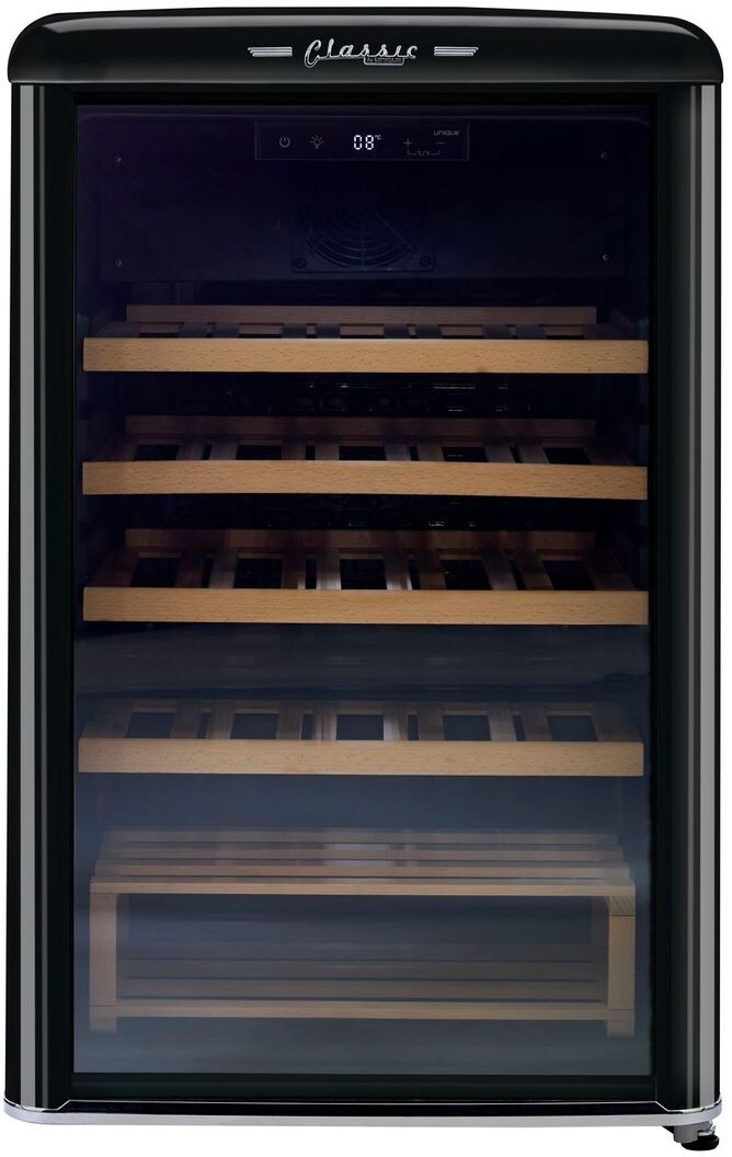 Classic Retro 28 Bottle Freestanding Single Zone Wine Cooler with Wood Shelves | Fridge.com