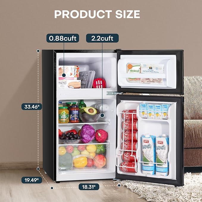 Upstreman 3.1 cu.ft Mini Fridge With Freezer, Double Door Small Fridge, Dorm Essentials, Adjustable Thermostat, Energy Saving, Mini Refrigerator For Office, Dorm, Bedroom, Black - View 2 | Fridge.com