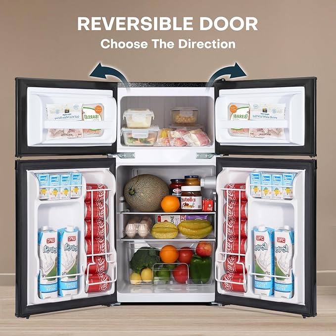 Upstreman 3.1 cu.ft Mini Fridge With Freezer, Double Door Small Fridge, Dorm Essentials, Adjustable Thermostat, Energy Saving, Mini Refrigerator For Office, Dorm, Bedroom, Black - View 4 | Fridge.com