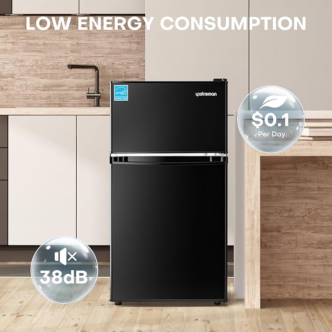 Upstreman 3.1 cu.ft Mini Fridge With Freezer, Double Door Small Fridge, Dorm Essentials, Adjustable Thermostat, Energy Saving, Mini Refrigerator For Office, Dorm, Bedroom, Black - View 5 | Fridge.com