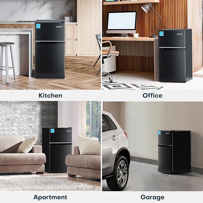 Upstreman 3.1 cu.ft Mini Fridge With Freezer, Double Door Small Fridge, Dorm Essentials, Adjustable Thermostat, Energy Saving, Mini Refrigerator For Office, Dorm, Bedroom, Black - View 6 | Fridge.com