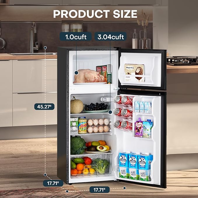 Upstreman 4.0 cu.ft. Mini Fridge With Freezer, Dorm Essentials, Double Door Small Refrigerator For Office, Dorm, Bedroom, Adjustable Thermostat, Large Capacity, Black-BR401 - View 2 | Fridge.com