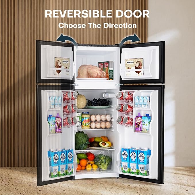Upstreman 4.0 cu.ft. Mini Fridge With Freezer, Dorm Essentials, Double Door Small Refrigerator For Office, Dorm, Bedroom, Adjustable Thermostat, Large Capacity, Black-BR401 - View 4 | Fridge.com