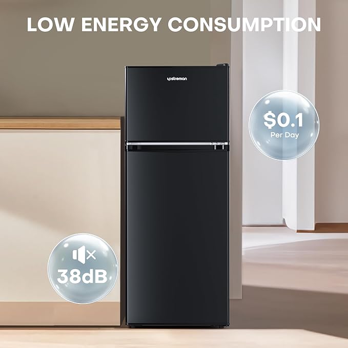 Upstreman 4.0 cu.ft. Mini Fridge With Freezer, Dorm Essentials, Double Door Small Refrigerator For Office, Dorm, Bedroom, Adjustable Thermostat, Large Capacity, Black-BR401 - View 5 | Fridge.com