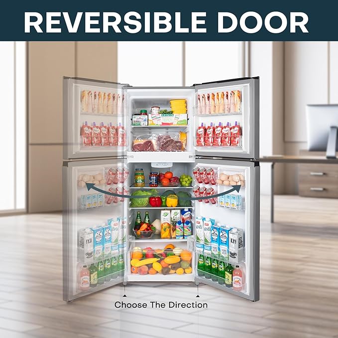 Upstreman 14.7 cu.ft. Double Door Refrigerator In Stainless Steel With Large Capacity Top Freezer, Frost Free, Adjustable Thermostat Control, Fingerprint-Resistant, Energy STAR-BD147 - View 5 | Fridge.com