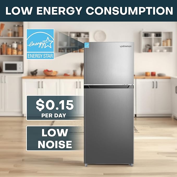 Upstreman 14.7 cu.ft. Double Door Refrigerator In Stainless Steel With Large Capacity Top Freezer, Frost Free, Adjustable Thermostat Control, Fingerprint-Resistant, Energy STAR-BD147 - View 6 | Fridge.com