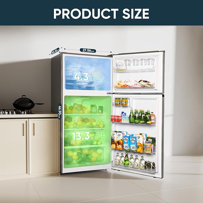Upstreman 17.6 cu.ft Top Freezer Refrigerator Large Capacity Refrigerator, Frost Free, Energy Star, Adjustable Thermostat, Fingerprint Resistant Stainless Steel, Reversible Door - View 2 | Fridge.com