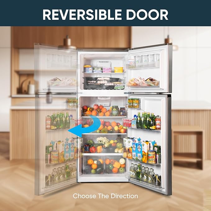 Upstreman 17.6 cu.ft Top Freezer Refrigerator Large Capacity Refrigerator, Frost Free, Energy Star, Adjustable Thermostat, Fingerprint Resistant Stainless Steel, Reversible Door - View 5 | Fridge.com