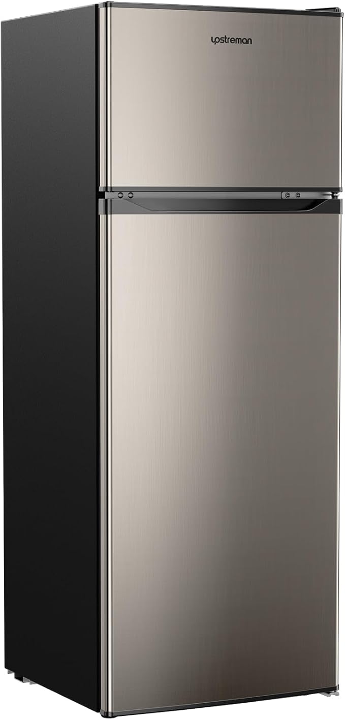 Upstreman 7.7 Cu.Ft. Refrigerator with Freezer, Double Door, Adjustable Thermostat, Large Capacity, Reversible Door Swing, Refrigerator for Apartment, Office, Dorm, Stainless (BD75) | Fridge.com