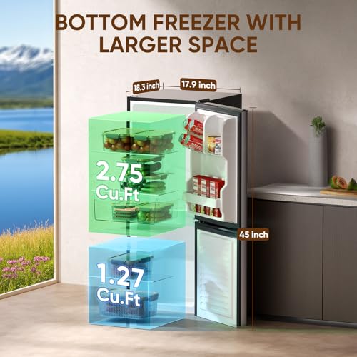 Upstreman 4.0 cu.ft Small Refrigerator With Bottom Freezer, Double Door Mini Refrigerator With Freezer, Mini Fridge For Kitchen, Apartment, Dorm, Office, BM40 (Stainless) - View 2 | Fridge.com