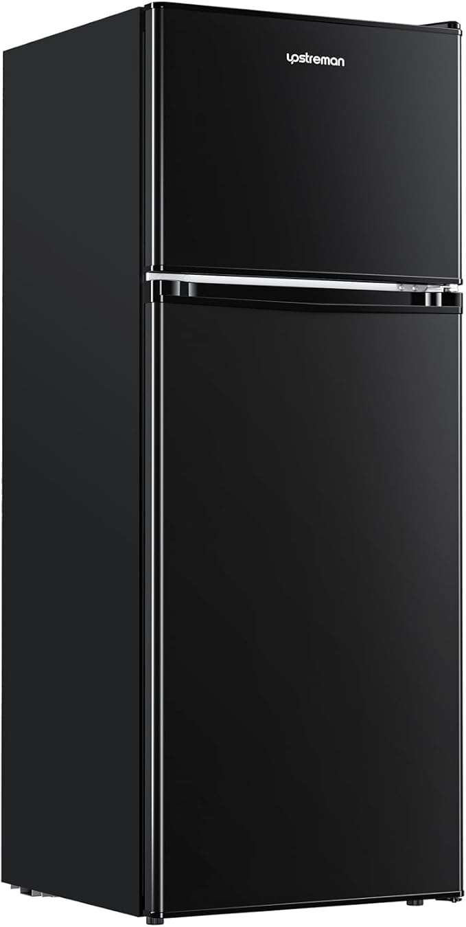 Upstreman 4.0 Cu.Ft. Mini Fridge with Freezer, Dorm Essentials, Double Door Small Refrigerator for Office, Dorm, Bedroom, Adjustable Thermostat, Large Capacity, Black-BR401 | Fridge.com