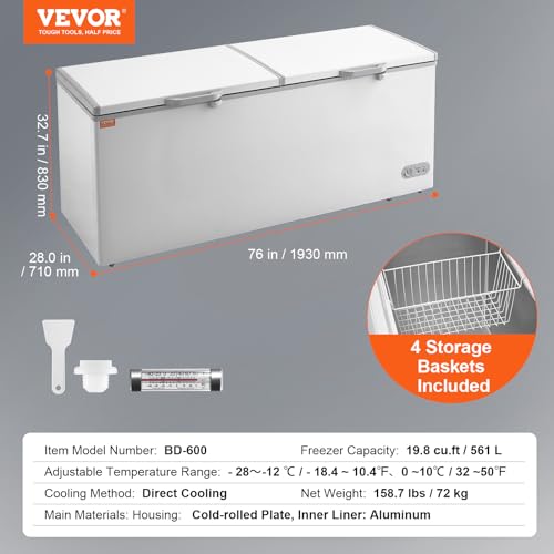 VEVOR Chest Freezer, 19.8 cu.ft / 561 L Large Deep Freezer With Split Top Double Locking Lids, Freestanding Commercial Chest Freezer & 4 Removable Baskets, 7-Level Adjustable Temp, LED Light, 6 Wheels - View 3 | Fridge.com