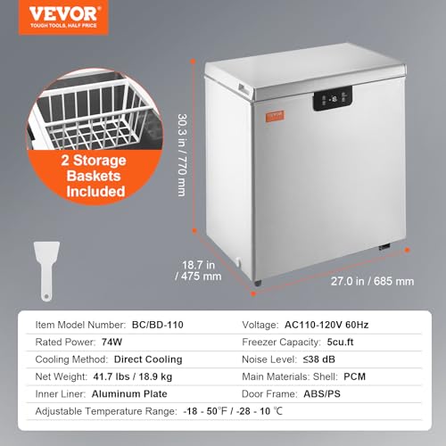VEVOR Chest Freezer, 3.88 cu.ft / 110 L Compact Deep Freezer, Free Standing Top Open Door Compact Freezers With 2 Removable Baskets & Adjustable Thermostat, Energy Saving & Low Noise, White - View 3 | Fridge.com