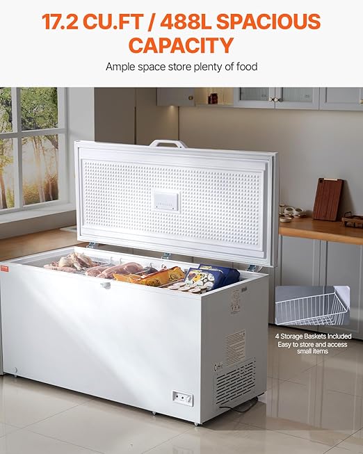 VEVOR Chest Freezer, 17.2 cu.ft Large Deep Freezer With 4 Removable Baskets, Freestanding Top Open Door Commercial Chest Freezers With 7-Level Adjustable Temp, LED Lighting,Locking Lid, 6 Wheels - View 4 | Fridge.com