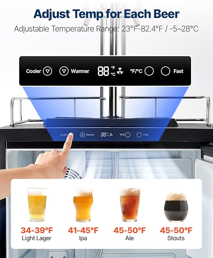 VEVOR Beer Kegerator, Triple Tap Commercial Draft Beer Dispenser For D System, Full Size Keg Refrigerator With 5lbs CO2 Tank, Hold 3 Sixth/2 Slim/3 Ball Lock Keg (3 Taps - Ball Lock) - View 5 | Fridge.com