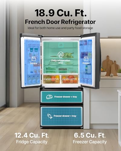 VEVOR French Door Refrigerator, 18.9 cu. ft. Kitchen Fridge, Counter Depth French Refrigerator With LED Display And 4 Casters, Frost-Free Bottom Freezer Refrigerators For Home & Commercial Use, Black - View 4 | Fridge.com