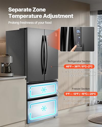 VEVOR French Door Refrigerator, 18.9 cu. ft. Kitchen Fridge, Counter Depth French Refrigerator With LED Display And 4 Casters, Frost-Free Bottom Freezer Refrigerators For Home & Commercial Use, Black - View 6 | Fridge.com