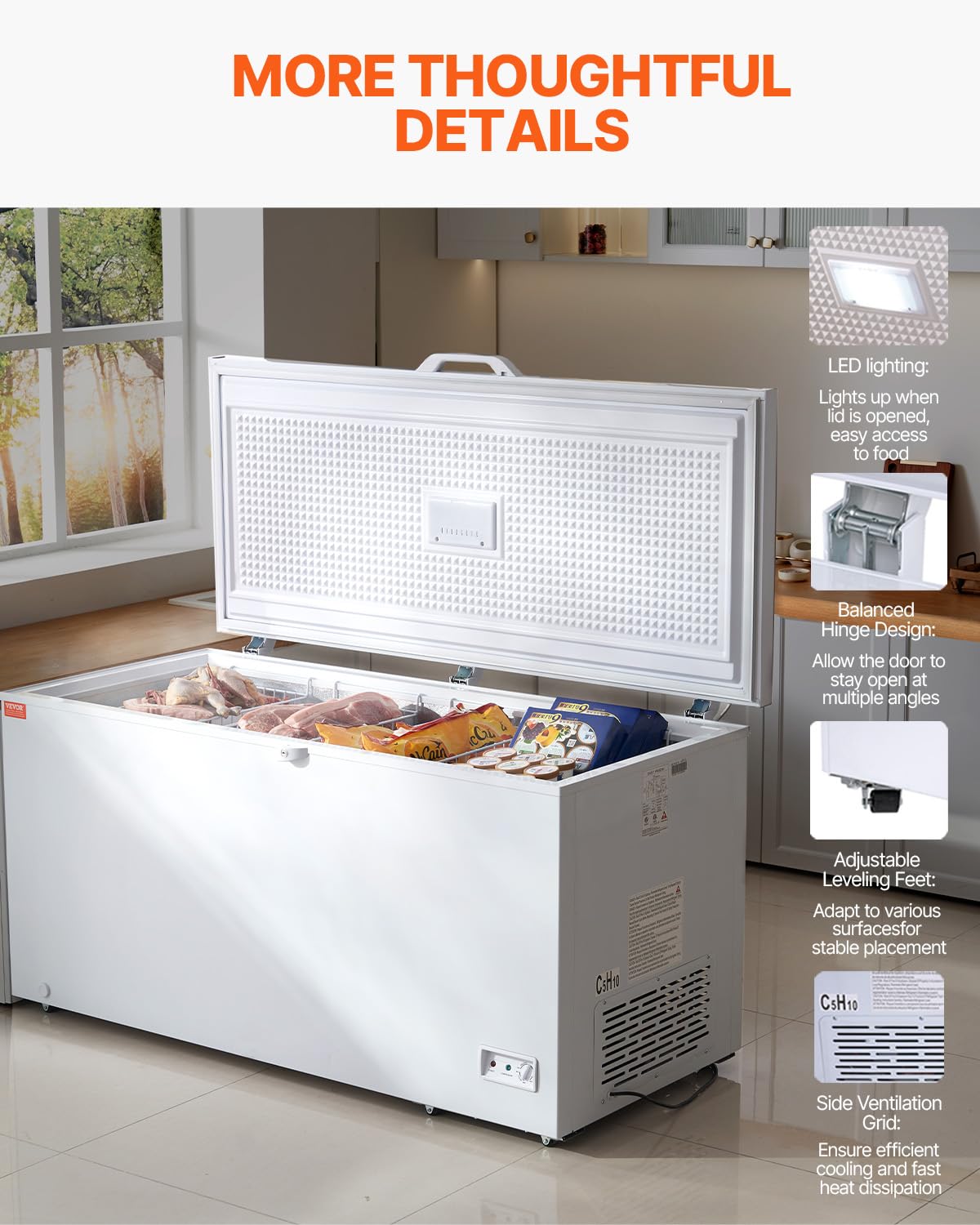 VEVOR - Chest Freezer, 17 cu.ft Freestanding Top Open Door Commercial Chest Freezers,Large Deep Freezer With 4 Removable Baskets - White - View 6 | Fridge.com