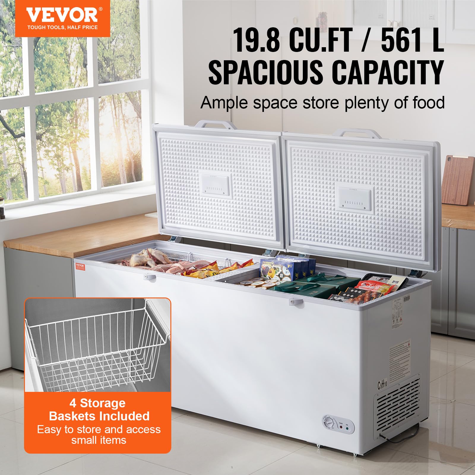 VEVOR - Chest Freezer, 19.8 cu.ft / 561 L Large Deep Freezer With Split Top Double Locking Lids - White - View 2 | Fridge.com