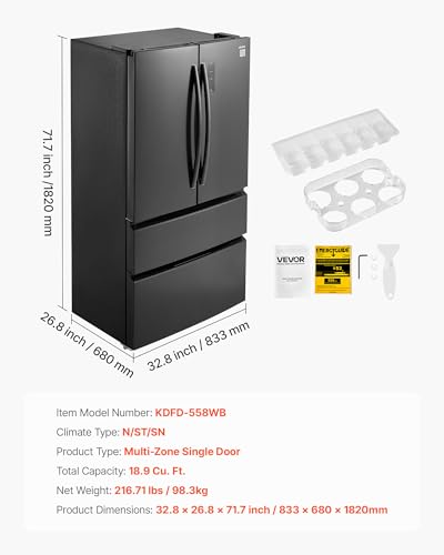 VEVOR French Door Refrigerator, 18.9 cu. ft. Kitchen Fridge, Counter Depth French Refrigerator With LED Display And 4 Casters, Frost-Free Bottom Freezer Refrigerators For Home & Commercial Use, Black - View 3 | Fridge.com