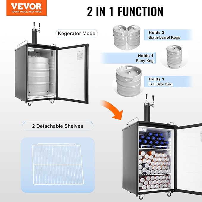 VEVOR Beer Kegerator, Dual Tap Commercial Draft Beer Dispenser For D System, Full Size Keg Refrigerator With 5lbs CO2 Tank, Hold 2 Sixth / 2 Ball Lock Keg, Black - View 2 | Fridge.com