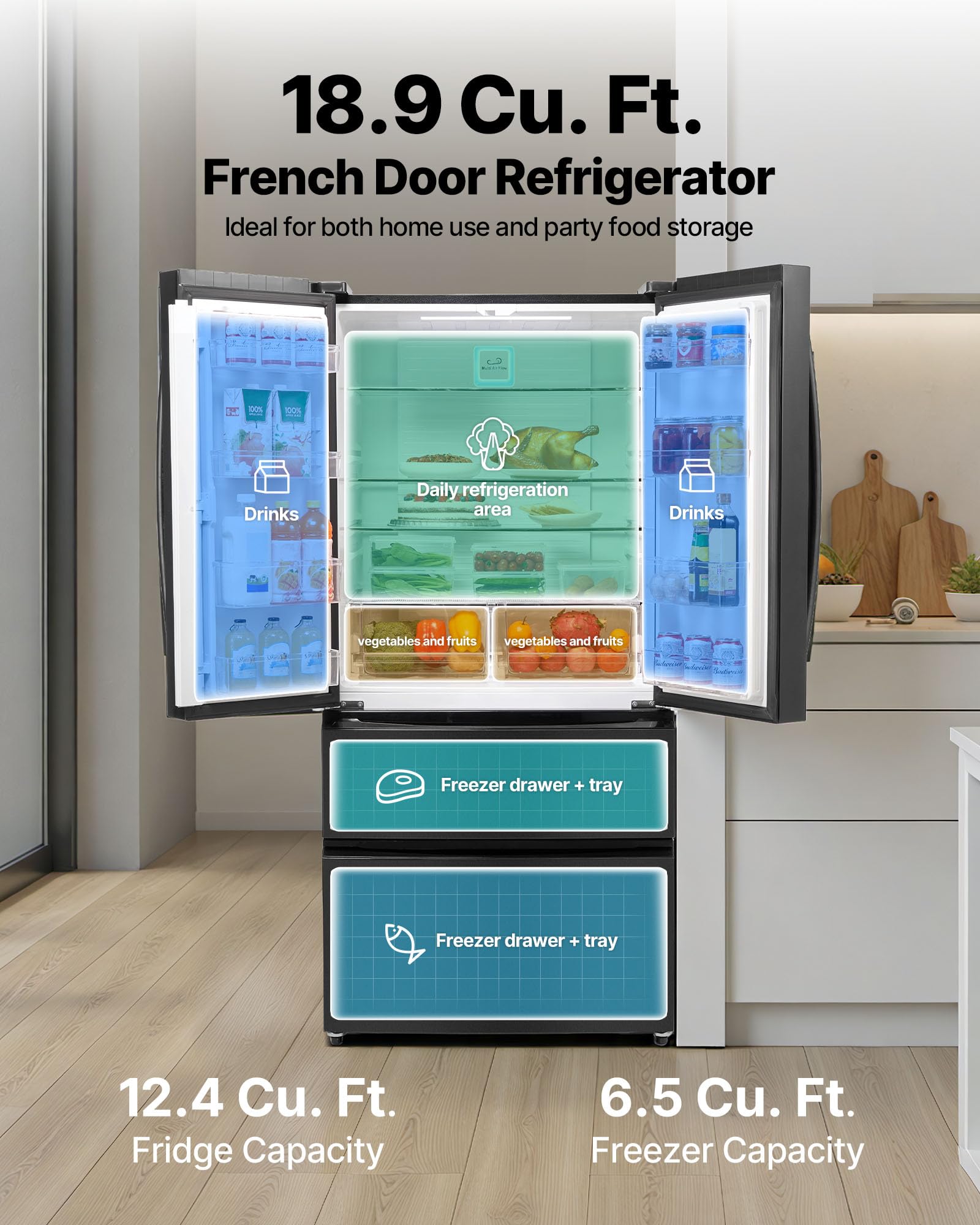 VEVOR - French Door Refrigerator, 18.9 cu. ft. Kitchen Fridge, Counter Depth French Refrigerator With LED Display And 4 Casters - Black - View 2 | Fridge.com