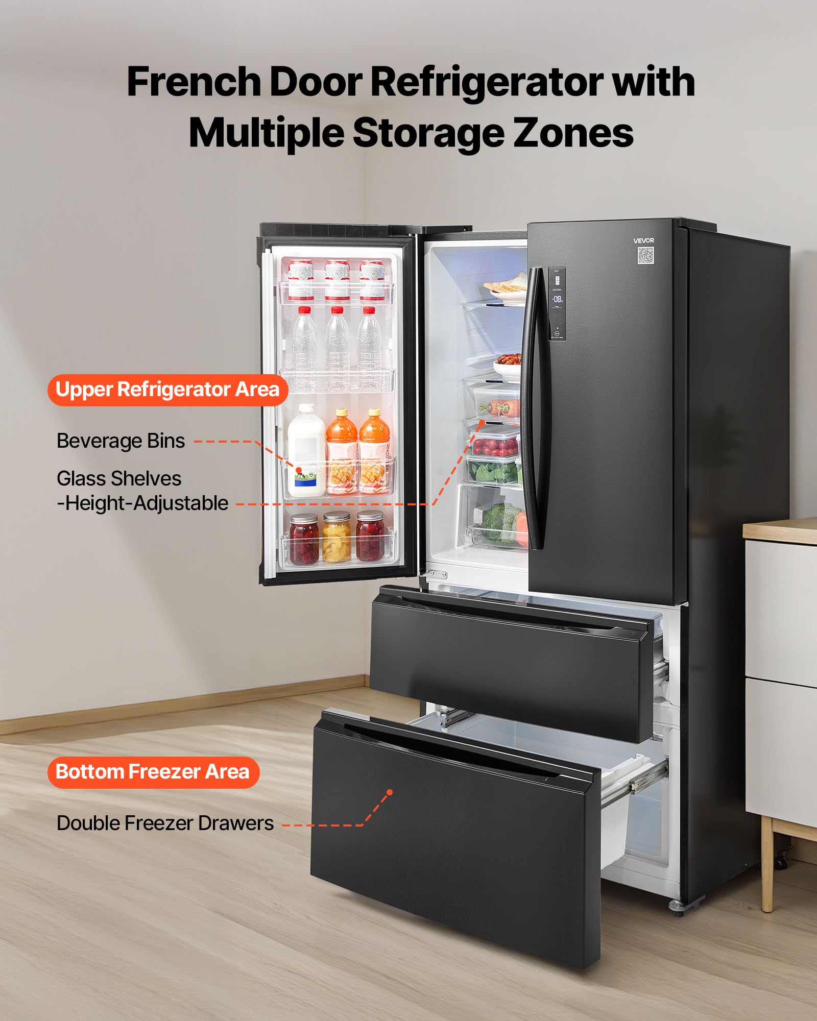 VEVOR - French Door Refrigerator, 18.9 cu. ft. Kitchen Fridge, Counter Depth French Refrigerator With LED Display And 4 Casters - Black - View 3 | Fridge.com