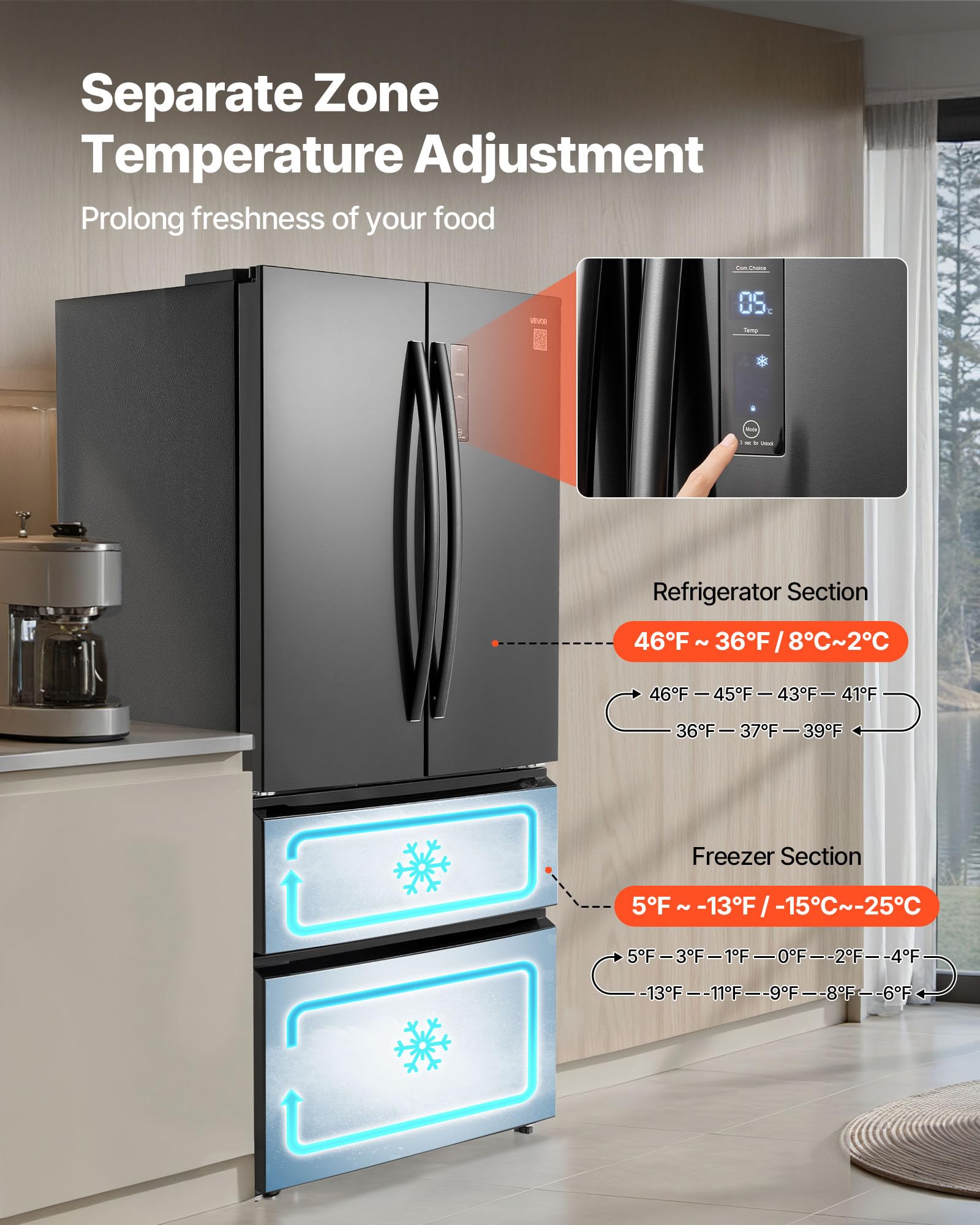 VEVOR - French Door Refrigerator, 18.9 cu. ft. Kitchen Fridge, Counter Depth French Refrigerator With LED Display And 4 Casters - Black - View 4 | Fridge.com