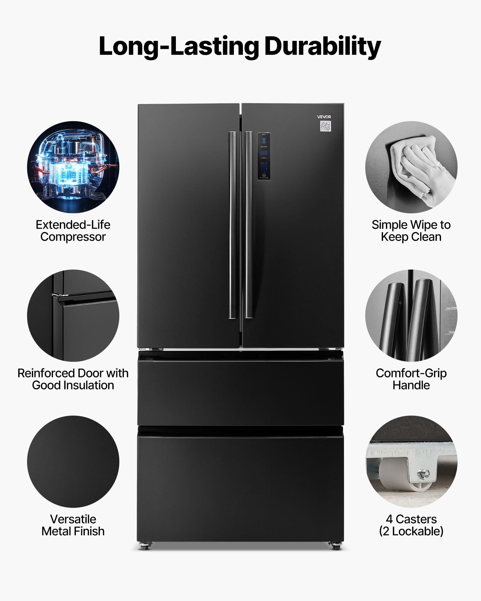 VEVOR - French Door Refrigerator, 18.9 cu. ft. Kitchen Fridge, Counter Depth French Refrigerator With LED Display And 4 Casters - Black - View 5 | Fridge.com