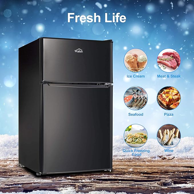 Walsh Compact Refrigerator, Dual Door Fridge, Adjustable Mechanical Thermostat with Freezer, Reversible Doors, 3.1 Cu.Ft, Black | Fridge.com