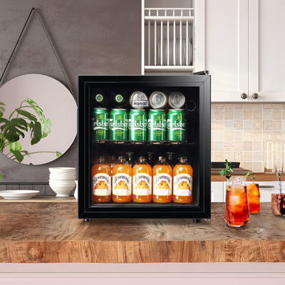 WANAI 18.5'' W Freestanding 58 Cans (12 oz.) 1.7 Cubic Feet Beverage Cooler with Wine Storage and Glass Door | Fridge.com