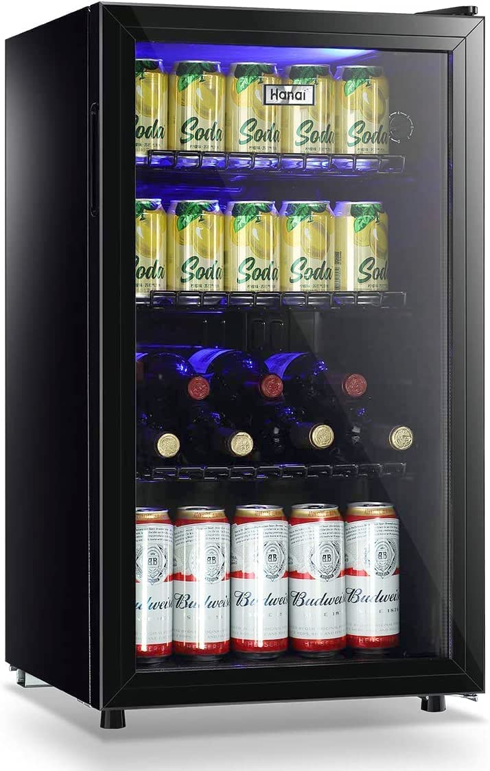 WANAI 17.3'' W Freestanding 120 Cans (12 oz.) 3.5 Cubic Feet Beverage Cooler with Wine Storage and Glass Door | Fridge.com