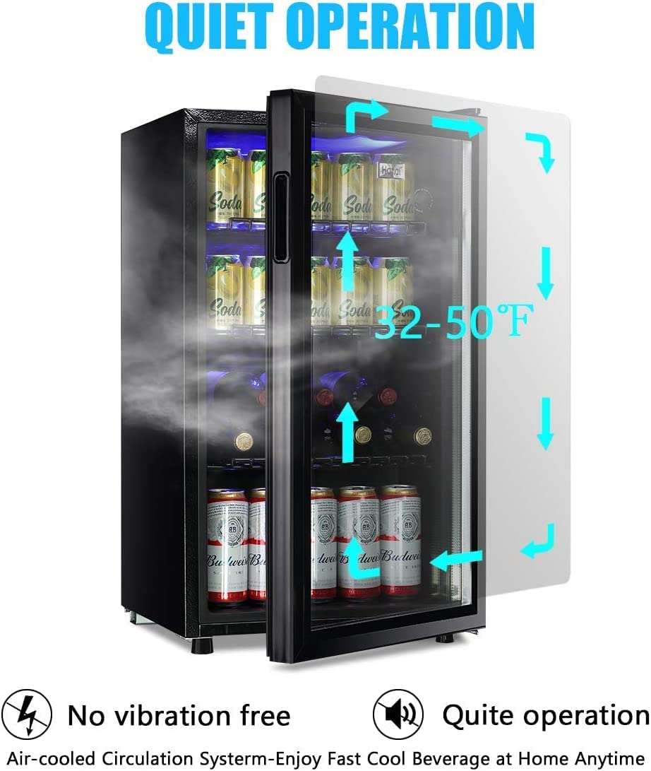 WANAI 17.3'' W Freestanding 120 Cans (12 oz.) 3.5 Cubic Feet Beverage Cooler With Wine Storage And Glass Door - View 3 | Fridge.com