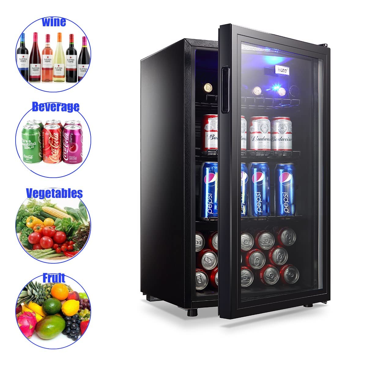 WANAI 17.3'' W Freestanding 120 Cans (12 oz.) 3.5 Cubic Feet Beverage Cooler With Wine Storage And Glass Door - View 6 | Fridge.com