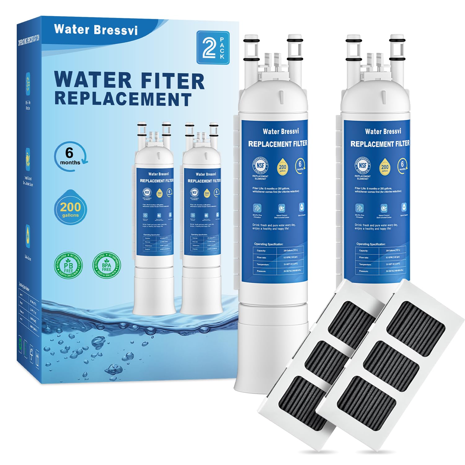 Water Bressvi Water Filter Replacement Compatible with Frigidaire FPPWFU01, FPPWFU01, PurePour PWF-1, PureAdvantage PWF-1 Water Filter and PureAir Ultra II PAULTRA2 Air Filter Combo (2+2) | Fridge.com