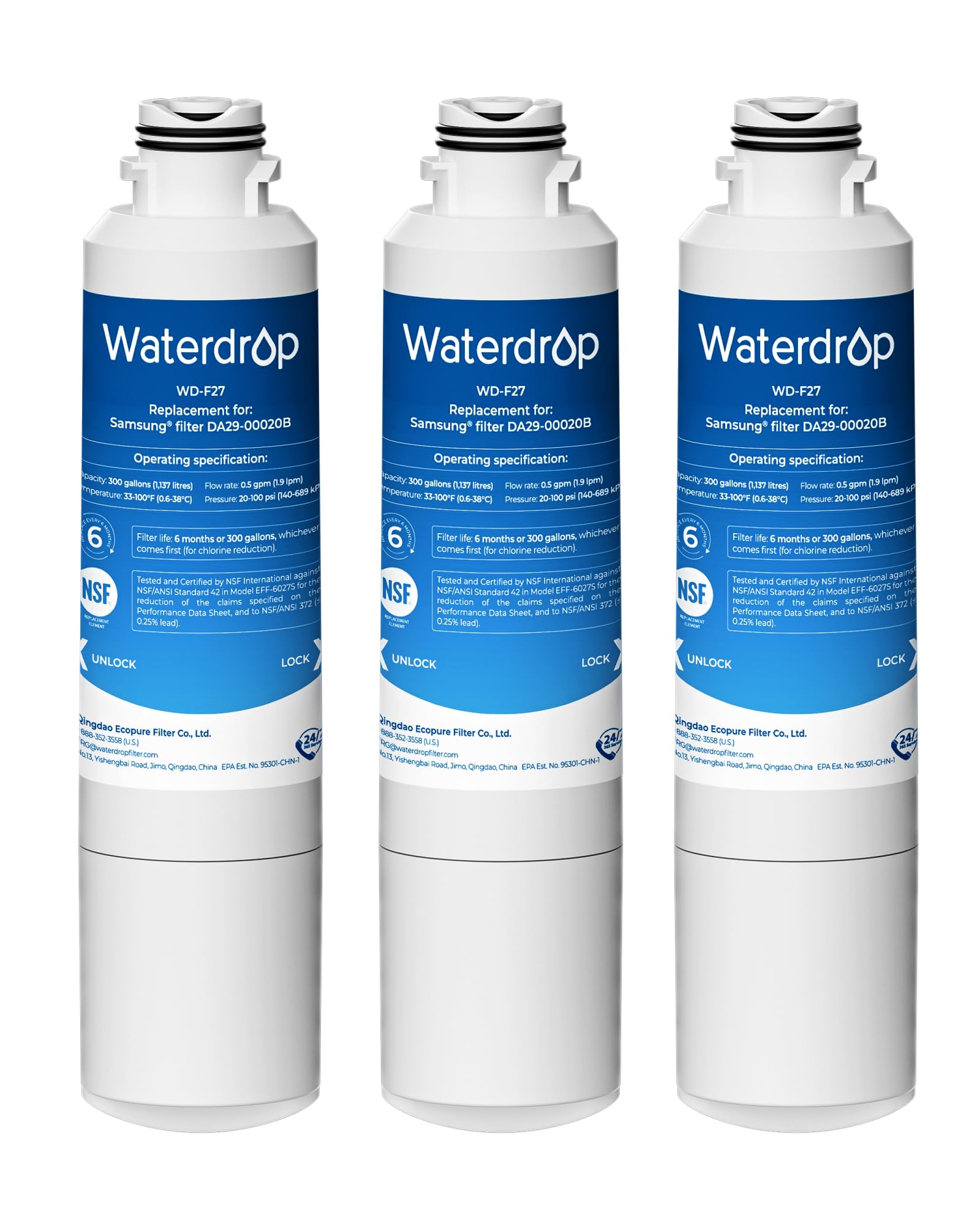 Waterdrop WD-F27 Replacement For Samsung® Refrigerator Water Filter Haf-Cin/Exp, DA29-00020B, Haf-Cin, RF28HMEDBSR, RF263BEAESR, RS25J500DSR, RF263TEAESG, Hdx Fms-2, DA97-08006A-1, 3 Pack | Fridge.com