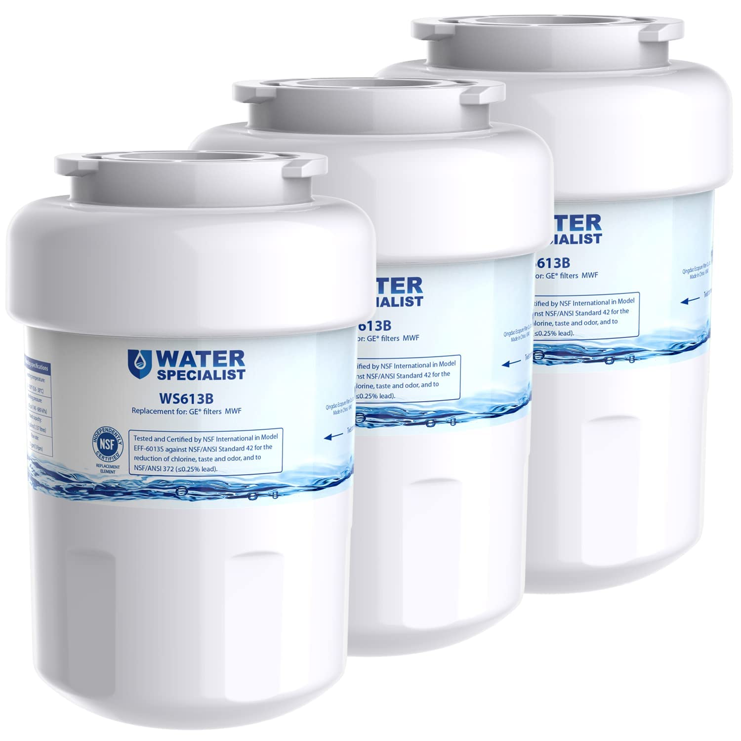 Waterspecialist WS613B Replacement for GE® MWF®, SmartWater® MWFP, MWFA, GWF, HDX FMG-1, WFC1201, GSE25GSHECSS, PC75009, RWF1060, Kenmore® 9991 Refrigerator Water Filter, 3 Filters | Fridge.com