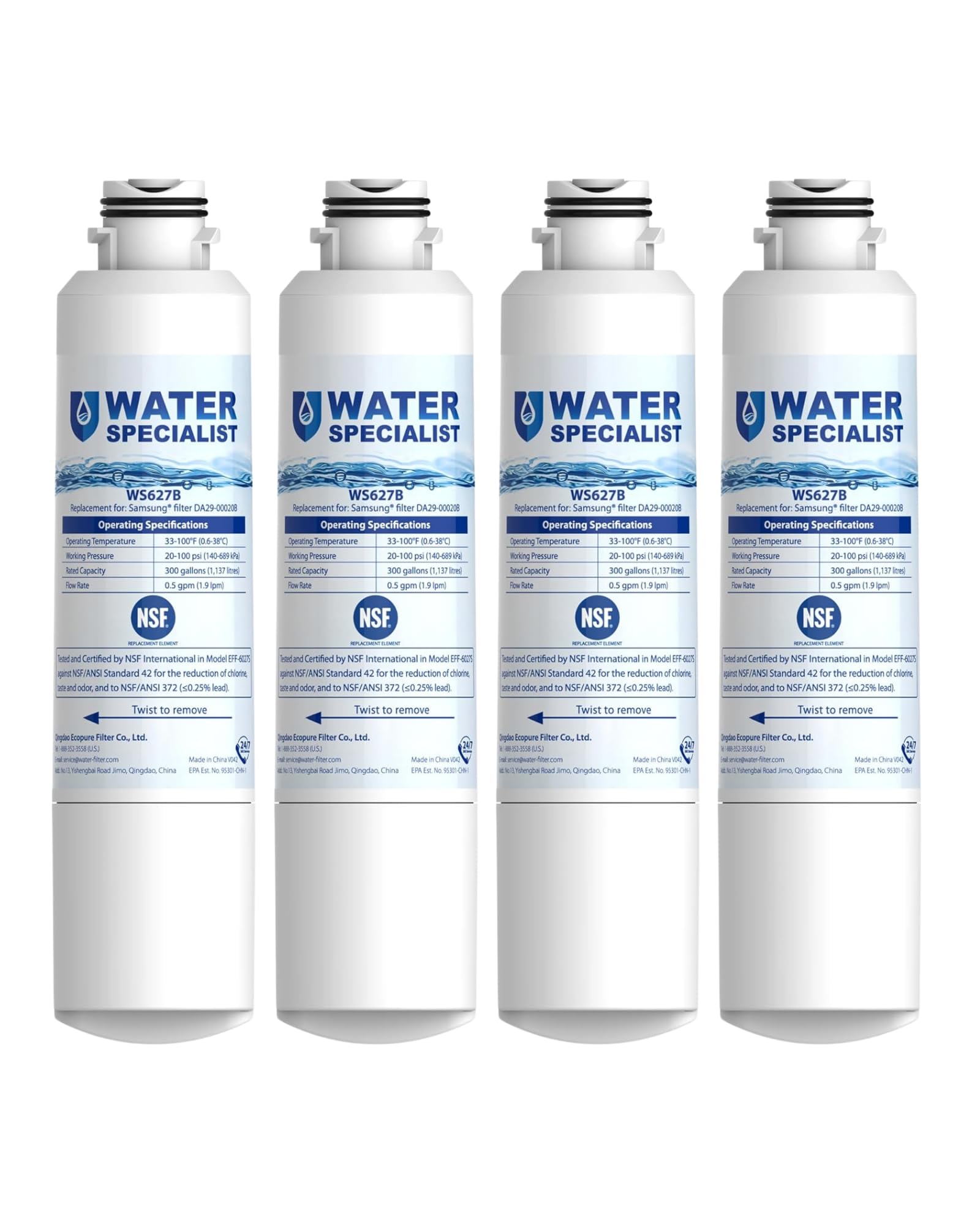 Waterspecialist WS627B Replacement For Samsung® Refrigerator Water Filter, Haf-Cin/Exp, DA29-00020B, Hdx Fms-2, RS25J500DSR, RF28HMEDBSR, RF263BEAESR, RF4287HARS, DA97-08006A-1, 4 Filters | Fridge.com