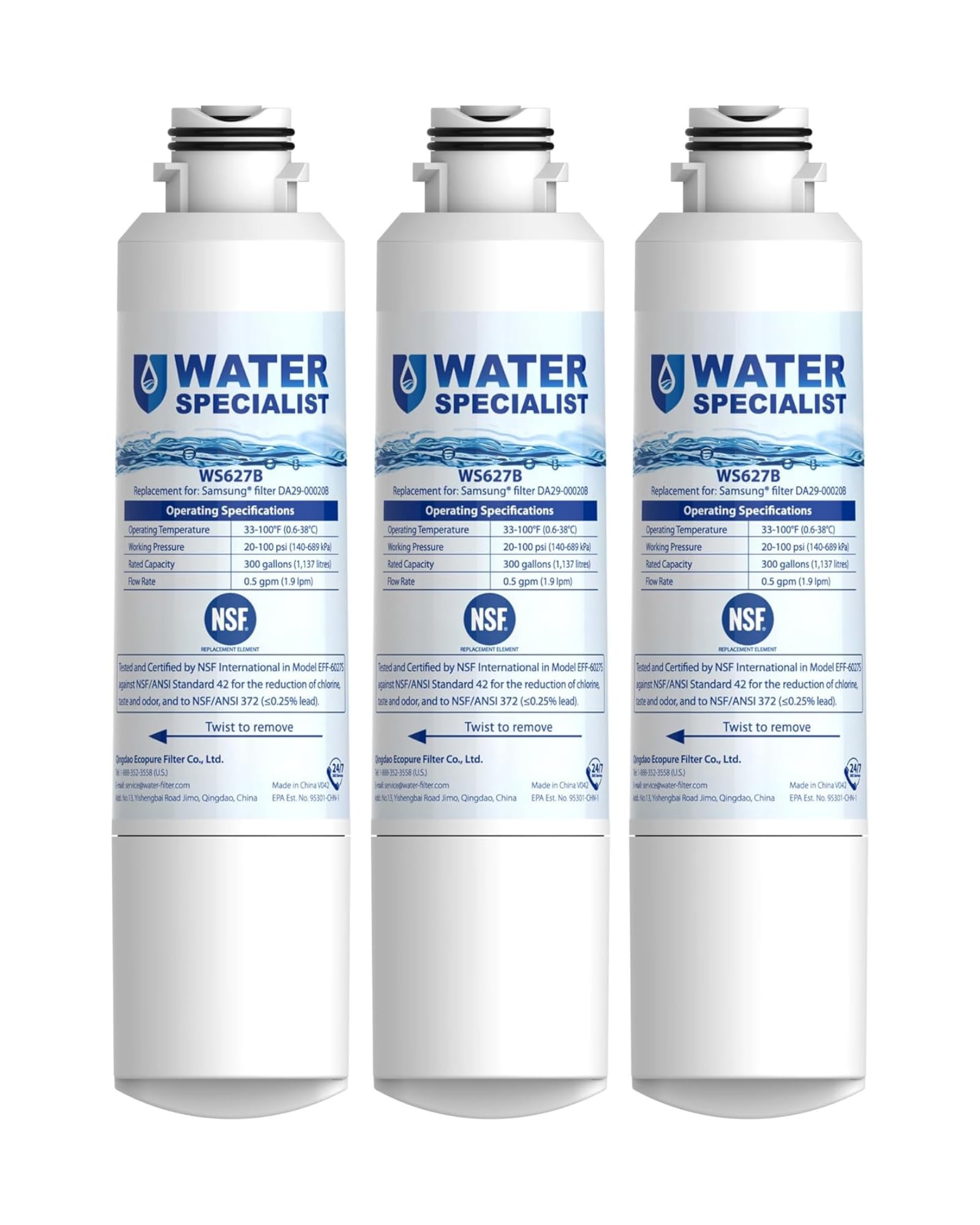 Waterspecialist WS627B Water Filter For Refrigerators, Replacement For Samsung® Water Filter DA29-00020B, Haf-Cin, Haf-Cin/Exp, RS25J500DSR, RF28HMEDBSR, RF4287HARS, RF28HFEDBSR, 3 Pack - View 1 | Fridge.com