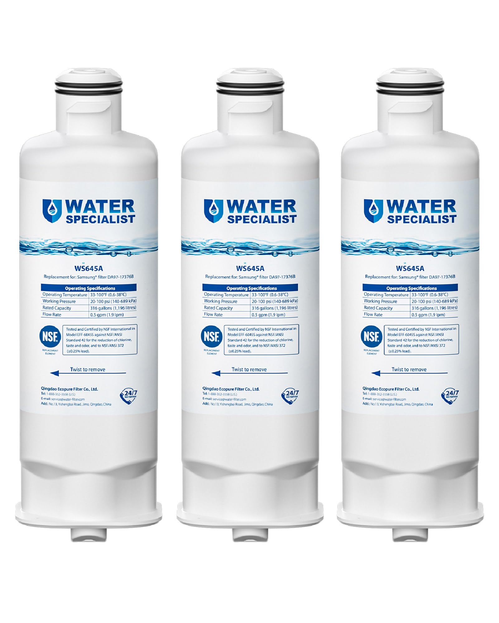 Waterspecialist WS645A Refrigerator Water Filter, Replacement For Samsung® DA97-17376B, Haf-Qin/Exp, Haf-Qin, RF28T5001SR, DA97-08006C, RS27T5200SR, RF28R7351SG, RF24R7201SR, RF27T5201SR, 3 Pack | Fridge.com