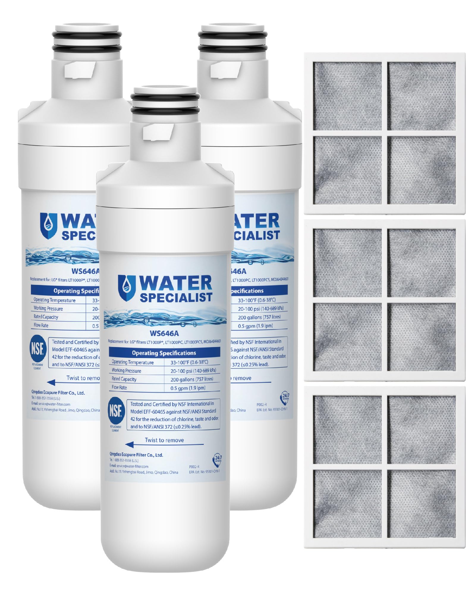 Waterspecialist LT1000PC ADQ747935 Replacement for LG® LT1000P®, ADQ747935, LFCC22426S, LRFXS2503S, LMWS27626S, LRDCS2603S, 6 Month 200 Gallon Refrigerator Water Filter and LT120F® Air Filter, 3 Combo | Fridge.com