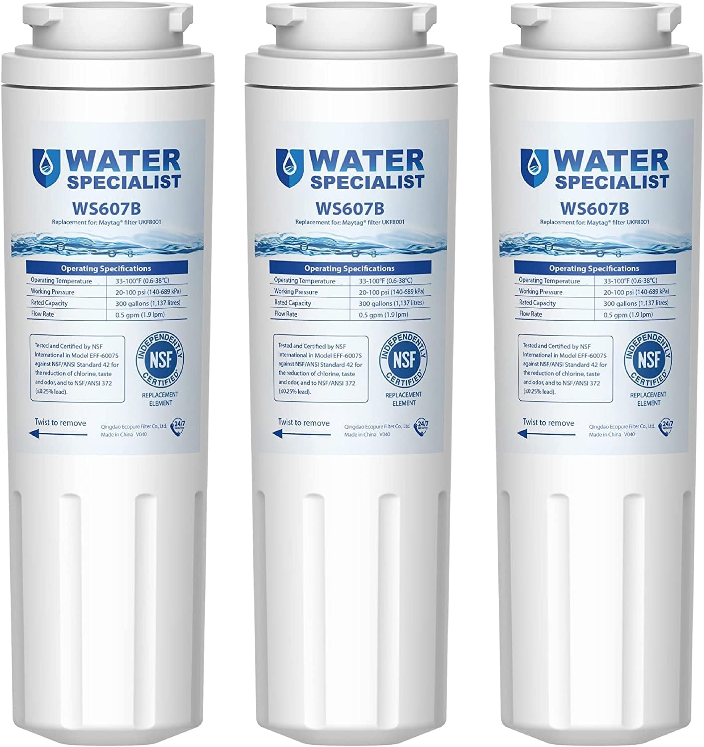 Waterspecialist UKF8001 Refrigerator Water Filter, Replacement For Everydrop® Filter 4, Whirlpool EDR4RXD1, 4396395, WRX735SDBM00, MFI2570FEZ MSD2651HEB, KRFC300ESS01, Pack Of 3 - View 1 | Fridge.com