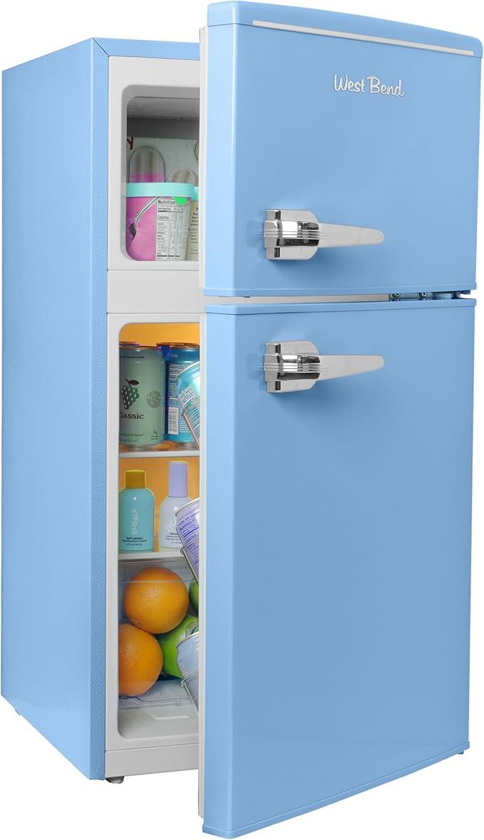West Bend Mini Fridge with Freezer for Bedroom, Office, Bar or Dorm Room, Retro Compact Refrigerator features Glass Shelves, Manual Defrost and Adjustable Temperature Control, 3.1-Cu.Ft., Blue | Fridge.com