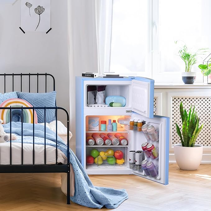 West Bend Mini Fridge With Freezer For Bedroom, Office, Bar Or Dorm Room, Retro Compact Refrigerator Features Glass Shelves, Manual Defrost And Adjustable Temperature Control, 3.1-cu.ft., Blue - View 3 | Fridge.com