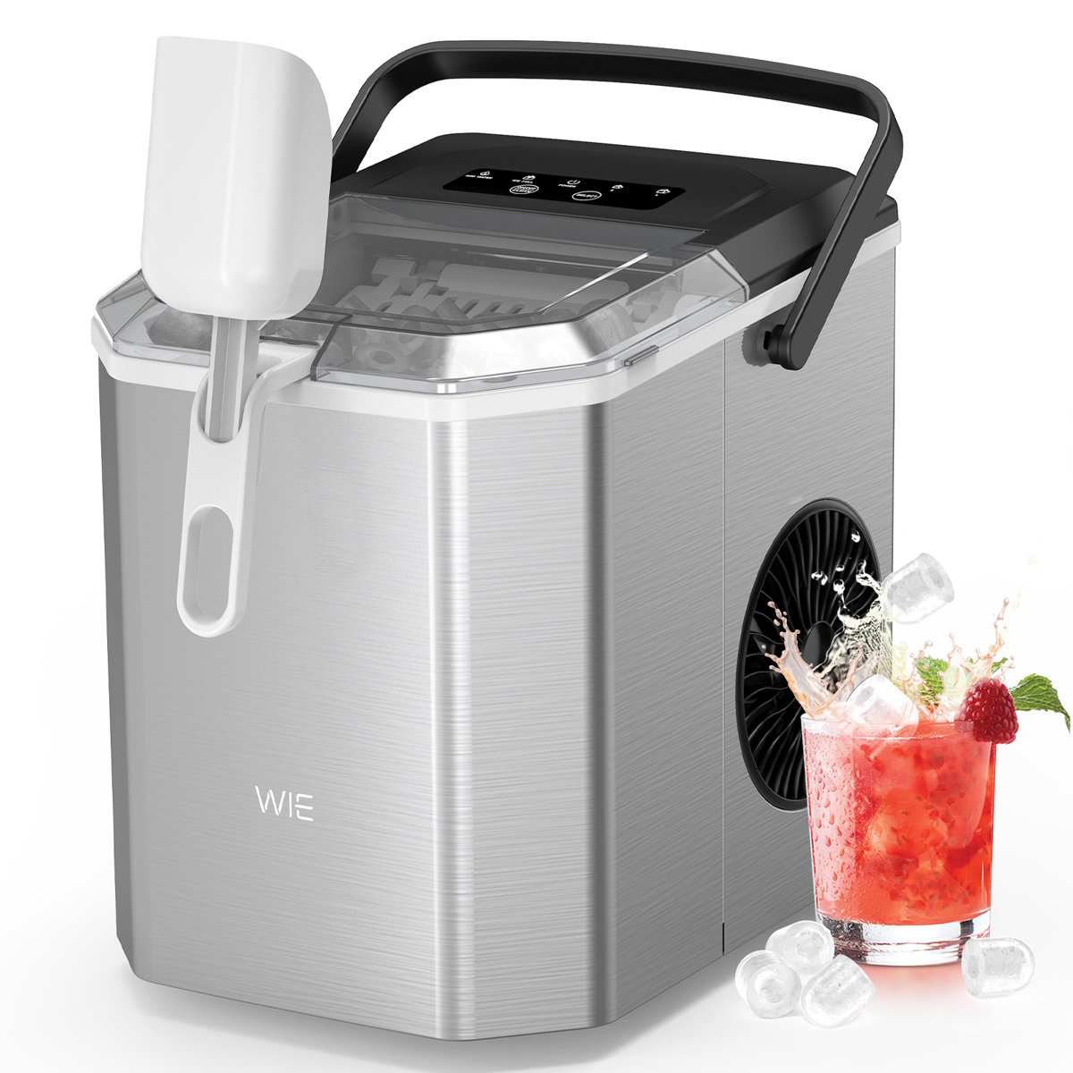 WIE Stainless Steel Ice Maker, Self-Cleaning Ice Maker Machine, 12kg/24H, 2 Sizes 9 Ice Cube Ready in 6 Mins Ice Machine with Handle, Scoop & Basket, | Fridge.com