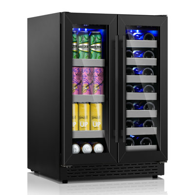 24 Inch Black Wine & Beverage Refrigerator, Dual Zone Freestanding /Built In Beverage Fridge with Stainless Steel Shelves /LED light, Under Counter Wi | Fridge.com