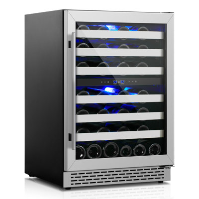 46 Inch Wine Fridge Under Counter -28 Bottles Dual Zone Freestanding Wine Cooler in Stainless Steel Finish with Double Tempered Glass & Reversible Doo | Fridge.com